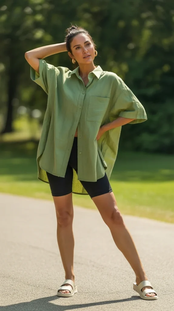 20 Chic Green Shirt Outfit Ideas for Women: Stylish Looks for Work and Casual Vibes 11 0008 1 8 oversized green linen shirt with bike gymkpmgJRJObMUUVJLJI0A 2mcRJwZJTYOy 9Z nrJaJA
