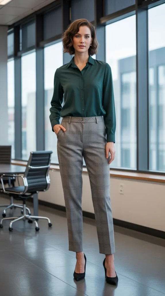 20 Chic Green Shirt Outfit Ideas for Women: Stylish Looks for Work and Casual Vibes 12 0009 1 9 forest green shirt with plaid trousers NGDOUn5 QTiibbP2LRlWuw kQJXAQ3qTPSUPhgwgE6mQQ