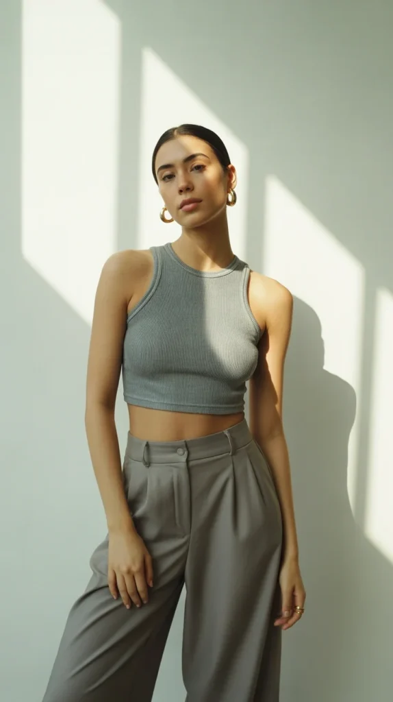 How to Style Grey Top & Grey Crop Top Outfit: 20 Chic Looks to Refine Your Wardrobe 12 0009 1 grey ribbed crop top with high waisted w SwWIUBo9S6 eipawK5byXw rWkyFhFBRX Jvp8BSd9hvg