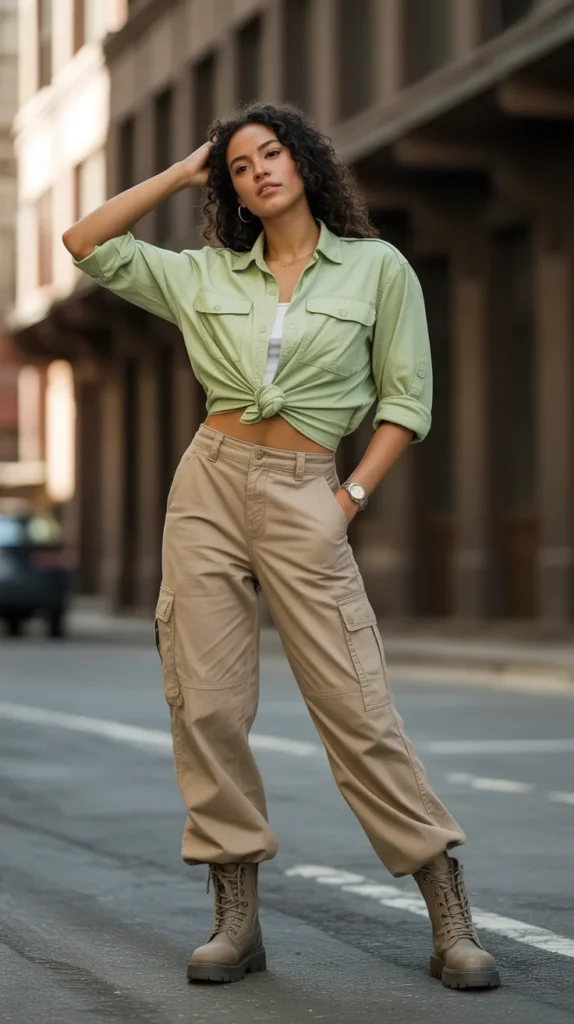 20 Chic Green Shirt Outfit Ideas for Women: Stylish Looks for Work and Casual Vibes 13 0010 1 10 light green shirt with khaki cargo pa F f2EIGBSPixlRT38b t4Q DmCaUC9uSk6S7mO9913P0w