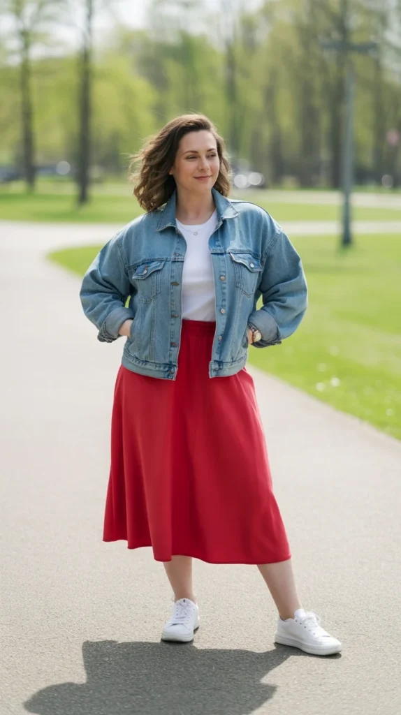 20 Types of Red Skirt Outfit Ideas for Chic, Casual & Trendy Looks 13 0010 1 10 red midi skirt with denim jacket and gd4vR HZS4 If1u6De9sFw Ar mbSgzS12cAKO76iwi g