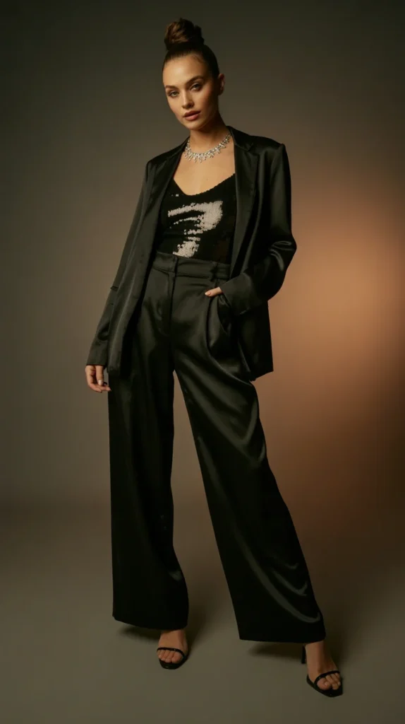 20 Elegant Pantsuits for Women to Wear as Wedding Guests: Dressy & Evening Outfit Ideas 14 0011 1 11 black satin wide leg pantsuit with se zZItnEiQvCRu8l9y fMrQ mvILkdTdTUy2VHrak1d2tA