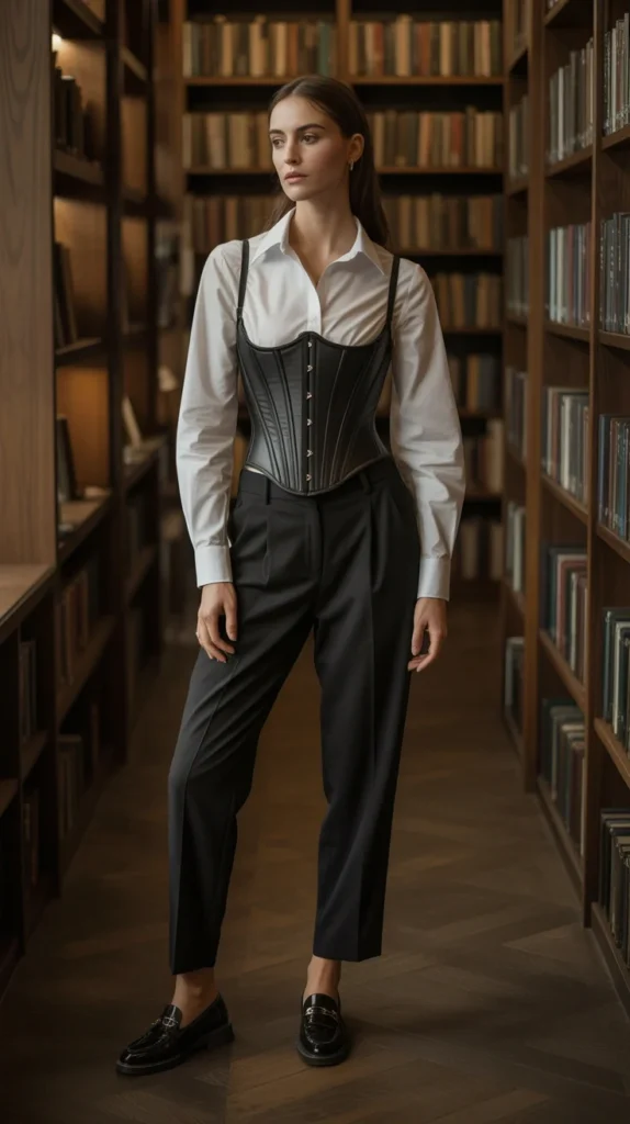 How to Style Black Corset Outfits - 20 Black Corset Outfit Ideas to Elevate Your Wardrobe 14 0011 1 11 corset over dress shirt with tailored nFYdoT9jRMyKejbbEydJAA 58a5zbmpS5iDwuV20CyXkA
