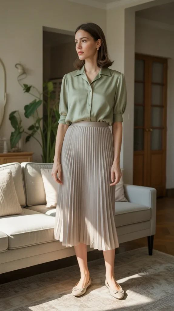 20 Chic Green Shirt Outfit Ideas for Women: Stylish Looks for Work and Casual Vibes 14 0011 1 11 green blouse with pleated midi skirt iVvYGF9YRNepjZM8V 08Zg Iro6io2VQX2vY6nd0x70xg