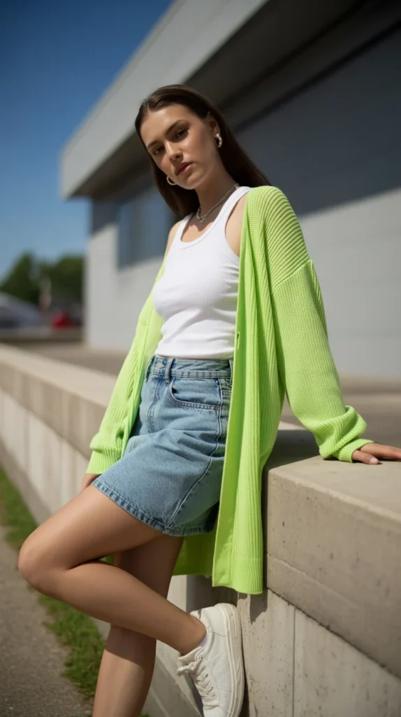 20 Neon Outfit Ideas: What to Wear to Brunch, Beach Parties, Bachelorettes & More 14 0011 1 11 neon lime green cardigan with white t PFRFpY5LS5aCVY93hFoQRg ID5nHIJMTAyR908anc1zRg