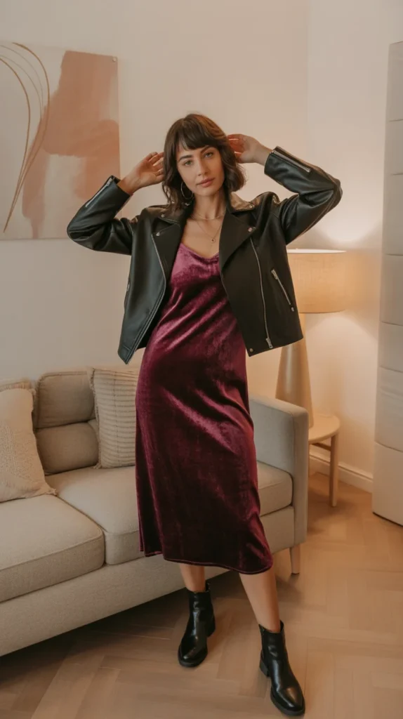 20 Sizzling Birthday Fits Baddie Style: Ultimate Baddie Birthday Outfit Ideas for Your Big Day 15 0012 1 velvet slip dress with leather jacket an wcO1wbZCSj6MgbS0gVDQFA UHlRkyaUTDOGJT3TemNuZQ