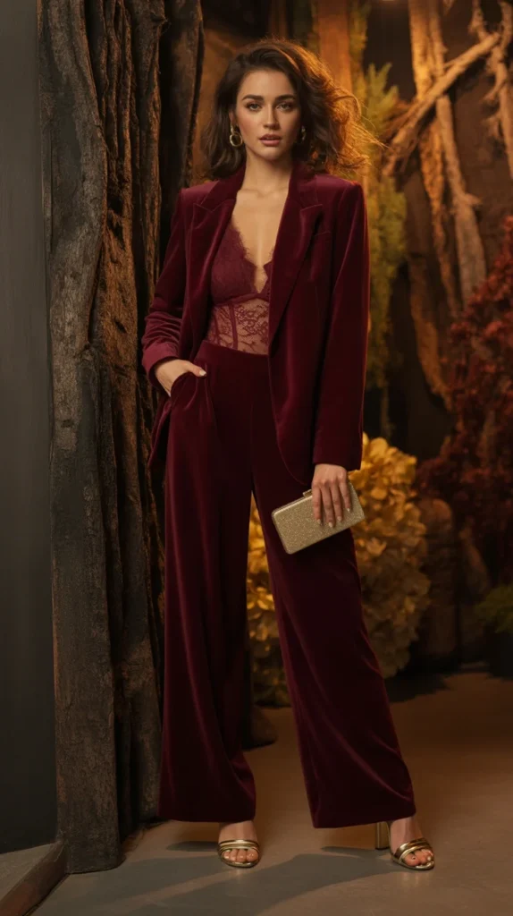 20 Elegant Pantsuits for Women to Wear as Wedding Guests: Dressy & Evening Outfit Ideas 16 0013 1 13 burgundy velvet wide leg pantsuit wit 2fMOxAuRQ3miB7KwktkJHQ hfsnz63JReeChIscizyUuQ