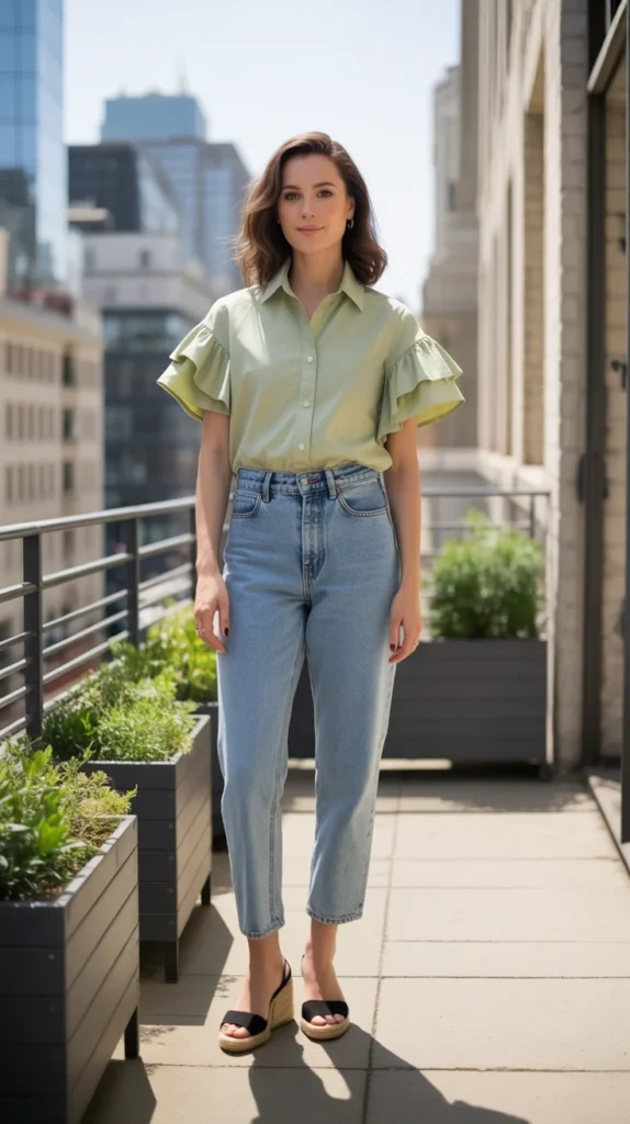 20 Chic Green Shirt Outfit Ideas for Women: Stylish Looks for Work and Casual Vibes 16 0013 1 13 light green ruffle sleeve shirt with M bCuUL0RVSY vrkEbb0Aw 8X MOBqnSZS VT8ySnZBog