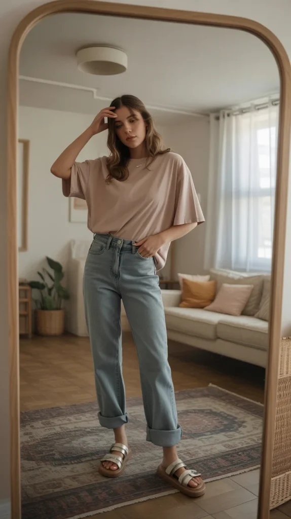 How to Style Flared Jeans: 20 Flared Jeans Outfit Ideas for Stylish Women 16 0013 1 oversized t shirt with rolled down waist QASaK9bQQ3i0SsXv4 kKHA IHp xy2qTky5q96WXGtuEg
