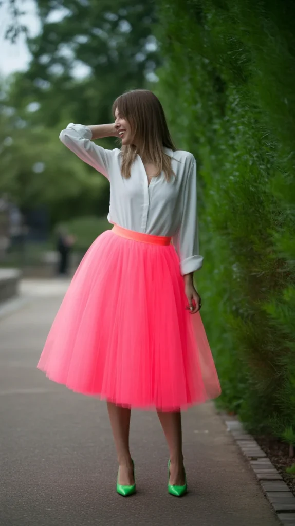 20 Neon Outfit Ideas: What to Wear to Brunch, Beach Parties, Bachelorettes & More 17 0014 1 14 neon pink tulle skirt with white blou 6imJBYpySZOWlFhTeShILg 7iZUo39bS7iXNq1Xjh6OGg