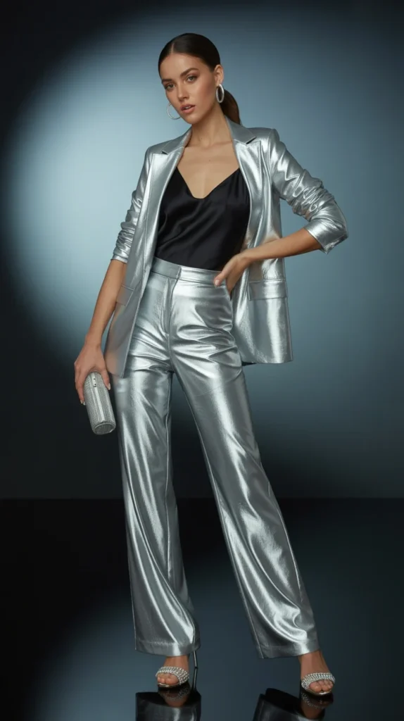 20 Elegant Pantsuits for Women to Wear as Wedding Guests: Dressy & Evening Outfit Ideas 17 0014 1 14 silver metallic pantsuit with black c 3BkW2bdQ5a6UwQGyqyp1Q JG6ekD6DRCa22q9L9 ElyQ