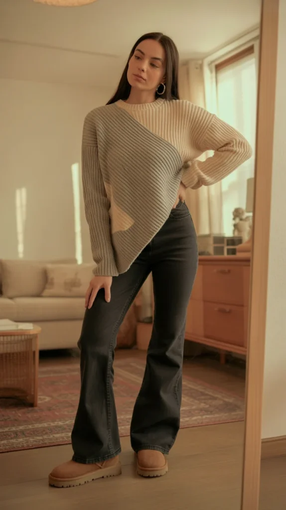 How to Style Flared Jeans: 20 Flared Jeans Outfit Ideas for Stylish Women 17 0014 1 asymmetrical sweater with dark flared je DyR1DfxcSQSQEZye8P qeA ZCa4axFcTzCkr5pCHE kHQ