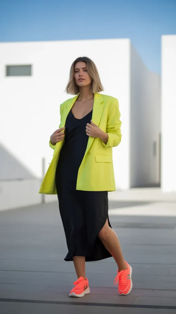 20 Neon Outfit Ideas: What to Wear to Brunch, Beach Parties, Bachelorettes & More 18 0015 1 15 neon yellow blazer with black slip dr 2MPoZtCqQayIkEd4XCQg9A F xIyw5KTMudVS6liwQJtA