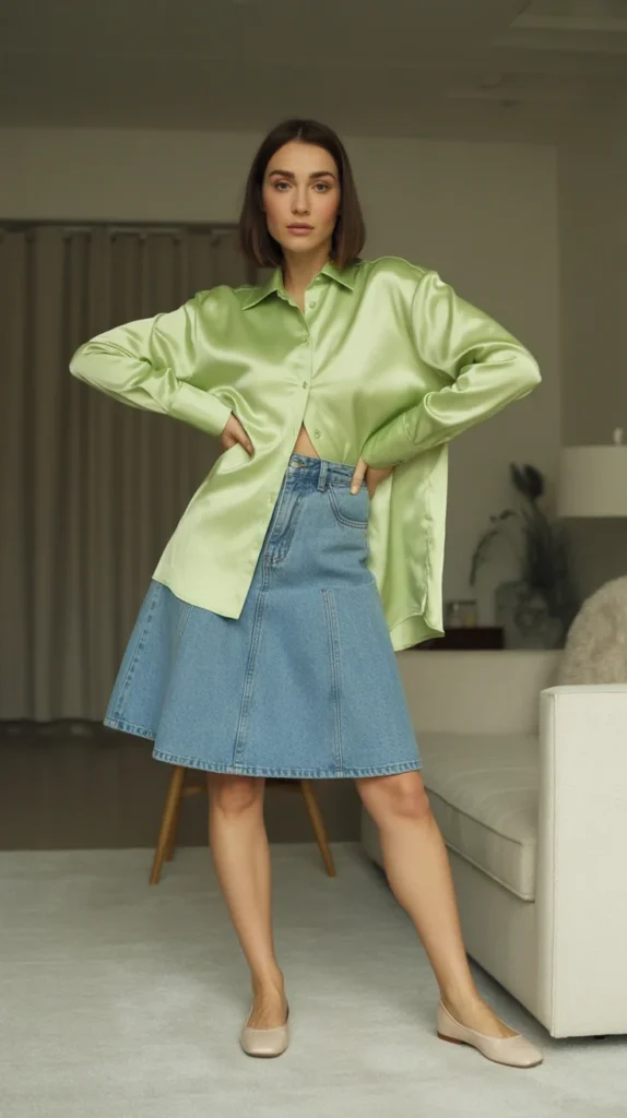 20 Chic Green Shirt Outfit Ideas for Women: Stylish Looks for Work and Casual Vibes 19 0016 1 16 light green satin shirt with a line d uBM5EyuuTGmrdlr5hWdHfw AjECtTMwQgG saFblkaX5Q