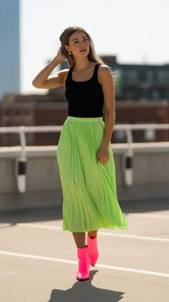 20 Neon Outfit Ideas: What to Wear to Brunch, Beach Parties, Bachelorettes & More 19 0016 1 16 neon green pleated midi skirt with bl V66 KvNBTnSKyd 3fsZ4mQ mN5wMJC3Rxqs8V9Gb5gpQQ