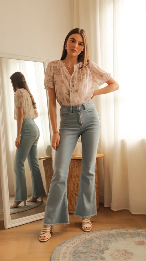 How to Style Flared Jeans: 20 Flared Jeans Outfit Ideas for Stylish Women 19 0016 1 floral blouse with flared denim and stra VMsJZvAqS3 Uo9YIONVCWw S2FD1DMMQKym7HAgjHijCg