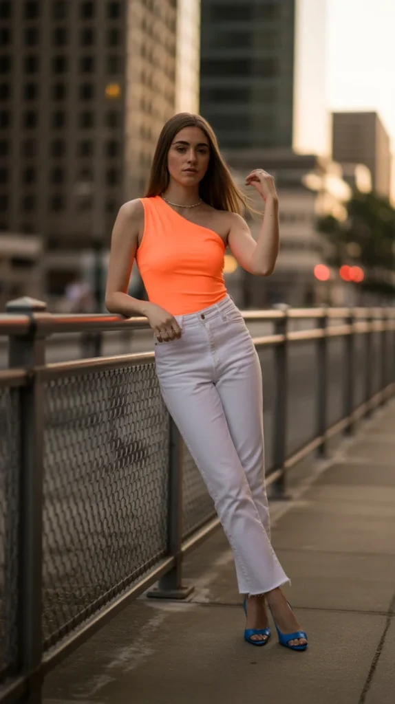 20 Neon Outfit Ideas: What to Wear to Brunch, Beach Parties, Bachelorettes & More 20 0017 1 17 neon orange one shoulder top with whi e4cXlW5nRCWxnqnWlF gOA TrxmlawGTVO35c0CoU0BfQ