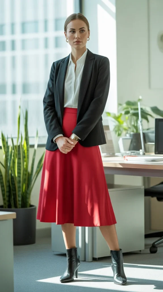 20 Types of Red Skirt Outfit Ideas for Chic, Casual & Trendy Looks 20 0017 1 17 red midi skirt with black blazer and hLMLgwHtT6KeM0jhbF7fLQ Mfw4Lqs4SJ6dYnnSXMB02g