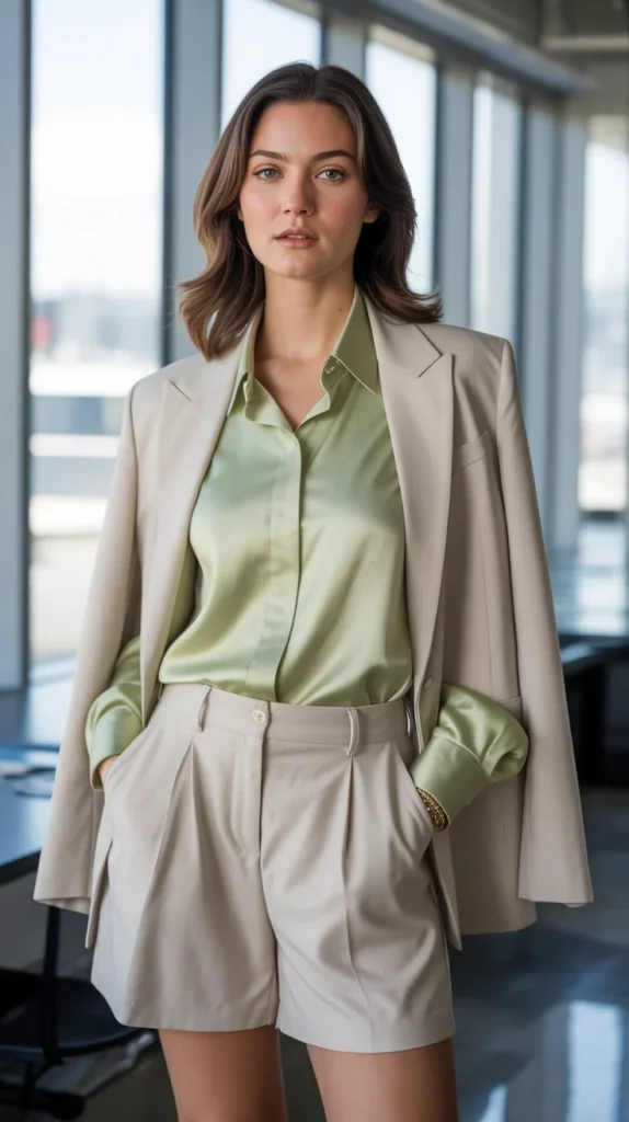 20 Chic Green Shirt Outfit Ideas for Women: Stylish Looks for Work and Casual Vibes 21 0018 1 18 light green shirt with beige blazer a L2gtV2 fRW YL9 F6VPJgQ j3PnG2zsQzOIlFffmOm0tw