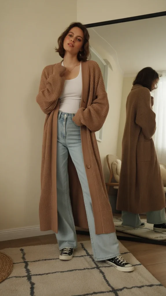 How to Style Flared Jeans: 20 Flared Jeans Outfit Ideas for Stylish Women 21 0018 1 long cardigan with light wash jeans and TgDVXxroSDadVmQCb3t0Rw aa3sJD2TRAml4dn Xj Ig