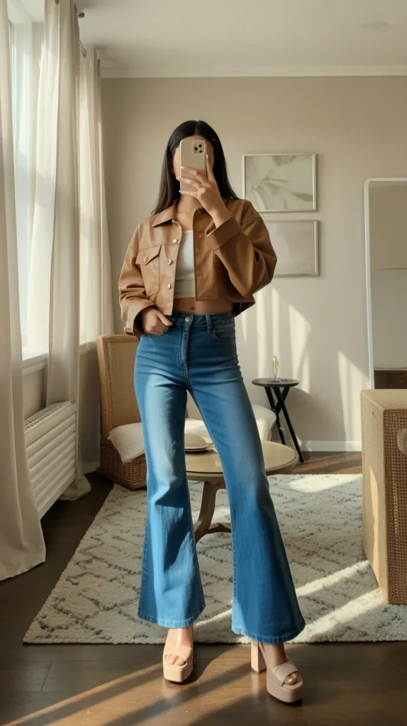 How to Style Flared Jeans: 20 Flared Jeans Outfit Ideas for Stylish Women 22 0019 1 crop jacket with flare jeans and platfor EyFWX lmTLepe9juRR3cdw av4aMf2aSJ2PuQRt0tcfGA