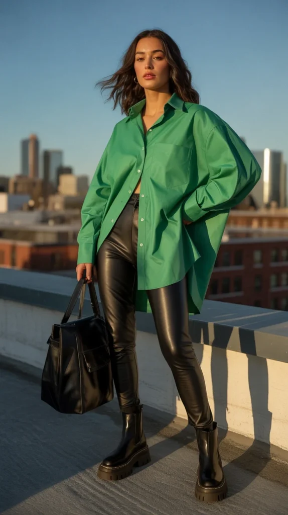 20 Chic Green Shirt Outfit Ideas for Women: Stylish Looks for Work and Casual Vibes 23 0020 1 20 oversized green shirt with leather le btLONhUsR9merlX3wdP DQ 9f2WyXmSl6Lv 7x33HHPA