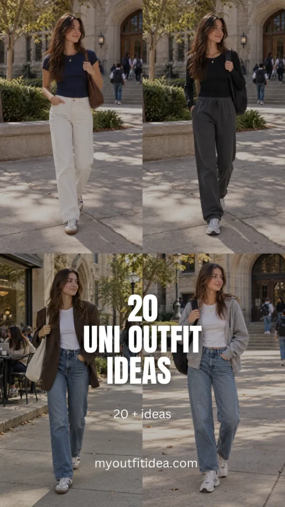 20 uni outfit ideas for women with jeans, cardigans, trousers, sweaters, sneakers and casual college outfits