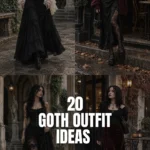 20 goth outfit ideas for women with corsets, lace, black denim, velvet, platform boots and romantic gothic fashion
