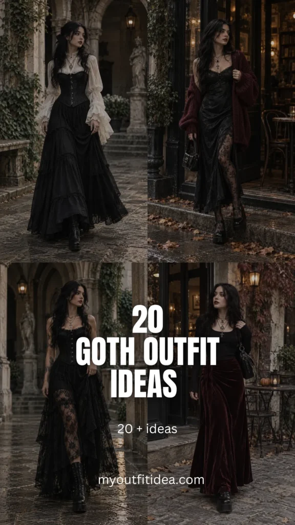 20 goth outfit ideas for women with corsets, lace, black denim, velvet, platform boots and romantic gothic fashion